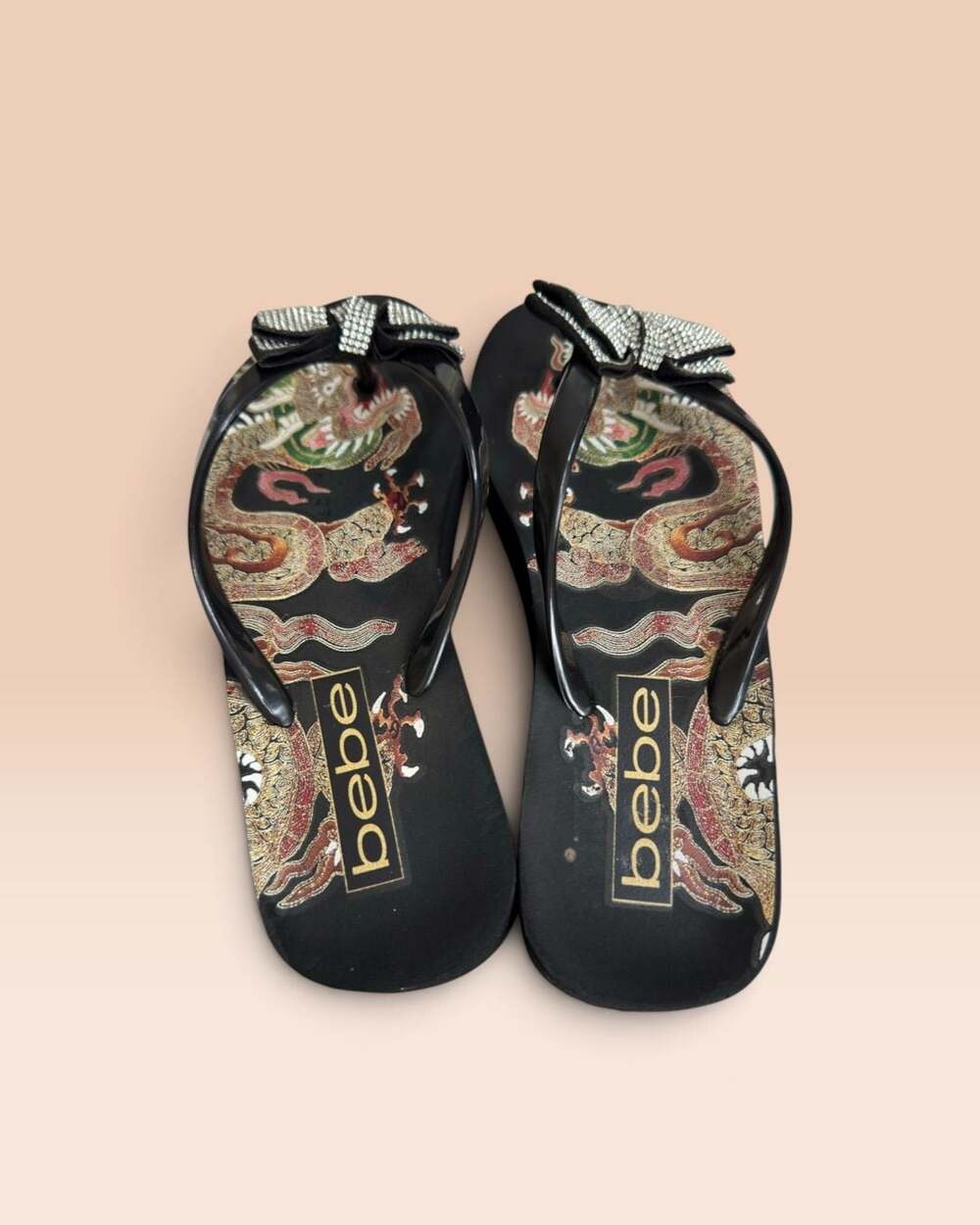 Bebe Y2K Black Platform Flip Flops Dragon Print Rhinestone Bow Sandals